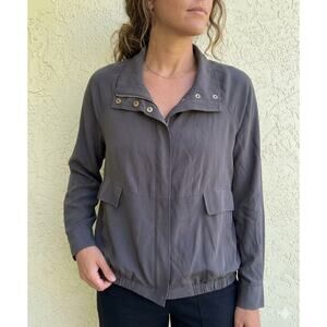 EILEEN FISHER Silk Zip Front Snap Bomber Jacket Medium Black Long Sleeve